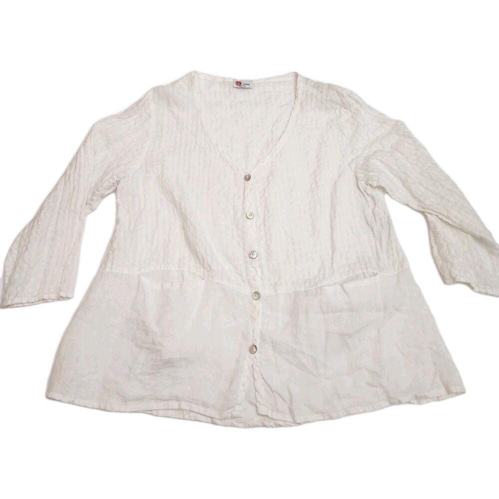 Linnea White Cream Button Linen Blend Blouse Lagenlook Artsy Boho US Made SZ L